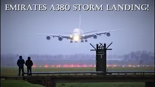 Emirates A380 Storm Landing With Extreme Crosswind at Amsterdam Airport