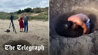 Irish TV reports on 'meteor crater' that was dug by sunbather in Dublin