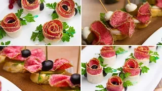 Exquisite appetizers with salami - roses and bow ties