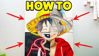 How to draw Luffy from ONE PIECE  in 4 different art styles!   (Full Tutorial)
