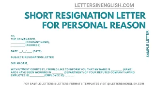 Short Resignation Letter - Resignation Letter for Personal Reason | Letters in English