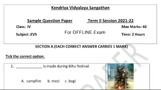 Class 4 EVS Annual Exam 2022 (OFFLINE) Sample Question Paper  For Kendriya Vidyalaya Students