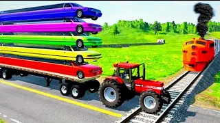 Double flatbed trailer truck Vs Speedbumps - Train vs Case Tractor Transporting - BeamNG.drive #164