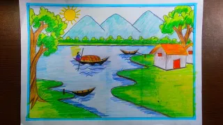 How to draw easy beautiful landscape village drawing | village scenery drawing | waterfall drawing😊😊