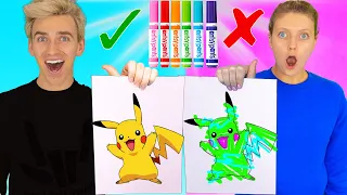 3 Marker Challenge Sis VS Bro!! (Learn How to Draw: Pokemon, Dumbo, Frozen 2) Best DIY Wins $10,000