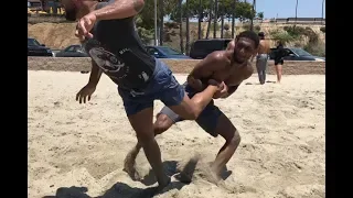 Mixed martial arts is no joke ! Pro bellator fighters Take downs in sand