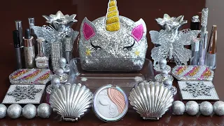 Mixing"SilverUnicorn" Eyeshadow and Makeup,parts,glitter Into Slime!Satisfying Slime Video!★ASMR★