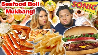 HILARIOUS SEAFOOD BOIL AND BACON BURGER MUKBANG