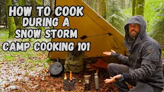 How to Cook in a Snow Storm / Tarp Set Up with Fire and Cast Iron on an April Snow Day