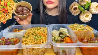 ASMR EATING MOMOS / DUMPLINGS + NOODLES  + CHILI CHICKEN MUKBANG