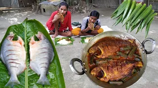 WHOLE FISH cooking and eating recipe with deshi bhindi by santali girl | whole fish cooking recipe