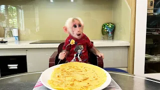 Monkey Bibi wakes up, calls dad, cooks breakfast