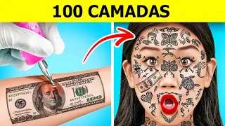 DESAFIO DE 100 CAMADAS || 100 Camadas de Tatuagens, Cílios e Maquiagem! Por 123 GO! CHALLENGE