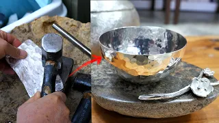 The process of making a metal cup by beating with a hammer. A master of Korean metal crafts.