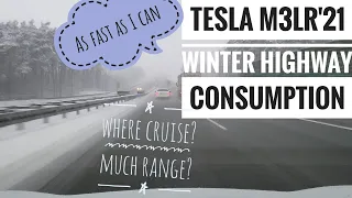 Tesla Model 3 LR 2021 winter highway consumption: autobahn drive in snowfall