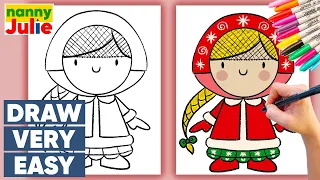 Simple step by step drawing lesson for kids | drawing & coloring a Christmas GIRL | nanny Julie