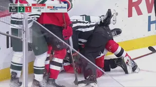 Nico Hischier And Joel Eriksson Ek Exchange Roughing Penalties