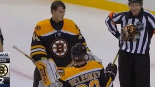 Beleskey Rips off Rask's Mask with his Stick