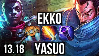 EKKO vs YASUO (MID) | Quadra, 1.8M mastery, 1100+ games, Dominating | KR Master | 13.18