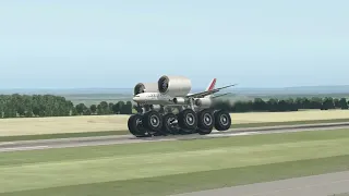 The aircraft with tires and engines larger in diameter than the fuselage is landing, simulate