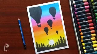 Hot Air Balloon Sunset Scenery Drawing with Oil Pastels PrabuDbz Art