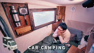 [Winter car camping] A trip to enjoy the sound of rain alone ｜ DIY light truck camper ｜ 96