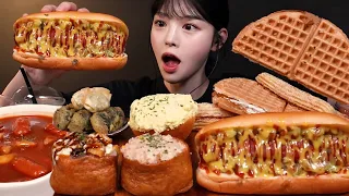 Chili hotdog, waffle, churros, egg sandwich, tteokbokki, snacks and dessert mukbang ASMR