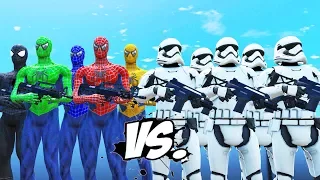 STORMTROOPERS ARMY VS SPIDER-MAN, BLUE SPIDERMAN, GREEN SPIDERMAN, YELLOW SPIDERMAN, BLACK SPIDERMAN