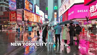 NEW YORK CITY - Rainy Day in Manhattan, 7th Avenue, Times Square and Broadway, Travel, USA, 4K