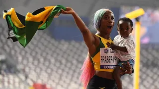 Shelly-Ann Fraser-Pryce 100m winner celebrates in Qatar