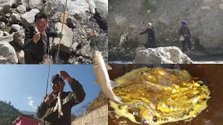 HIMALAYAN TROUT FISHING WITH HOOK AND ROD AND TAMANKHOLE FRYING STYLE | BAMBOO STICK FISHING IS FUN