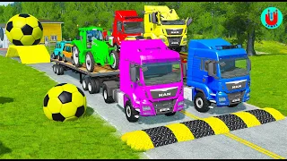 Double Flatbed Trailer Truck vs Speedbumps Train vs Cars | Tractor vs Train Beamng.Drive108