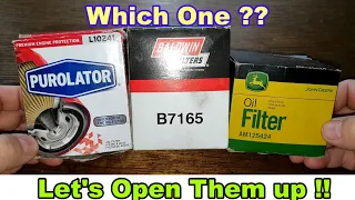 PurolatorL10241 Oil Filter vs. Baldwin B7165 Oil Filter vs. John Deere AM125424 Oil Filter Cut Open