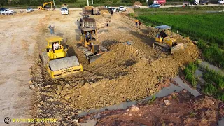 INCREDIBLE NEWS Project Two Bulldozer Pushing Gravel To Delete Field After Dump Truck Unloading