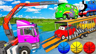 Flatbed Trailer Truck Rescue Bus - Cars vs Deep Water - Cars vs Giant Pit Deep Water - BeamNG Drive