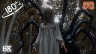 Scary VR Nightmare: a giant spider and a ghost girl lost in the woods: 8k virtual reality 3D video