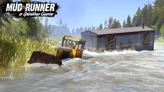 Spintires: MudRunner - Old Bulldozer Pulls A Mobile Home Across A River