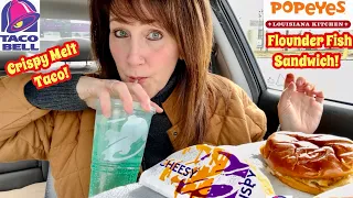 Trying POPEYES FLOUNDER FISH SANDWICH & TACO BELL CRISPY MELT TACO! | CAR MUKBANG|ASMR EATING SOUNDS