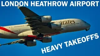 London Heathrow Airport evening heavy takeoffs