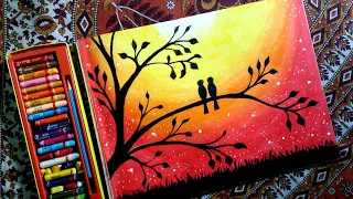 How to draw LOVEBIRDS in a sunset  by oil pastel step by step./Bolalar uchun pufay rasmini chizish