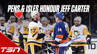 Jeff Carter gets handshakes from all Islanders players in his final NHL game.