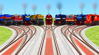 9 LOCOMOTIVES CROSSING  EACH OTHER ON BUMPY TRACKS