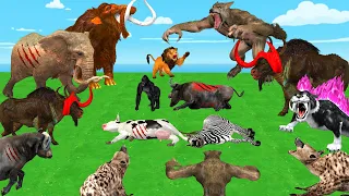 5 Giant Lion vs 10 Zombie Hyena Attack Baby Cow Buffalo zebra Saved by 3 Woolly Mammoth Elephant