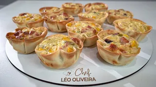 TORTINHA DE MASSA DE PASTEL DE QUEIJO E BACON | CHEF LÉO OLIVEIRA