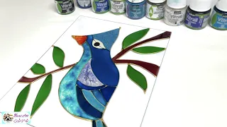 LOOK AT MY Blue Bird on Glass with Pebeo Vitrail