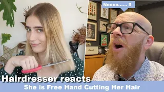 She is Free Hand Cutting her Hair - Hairdresser reacts To Hair Fails #hair #beauty
