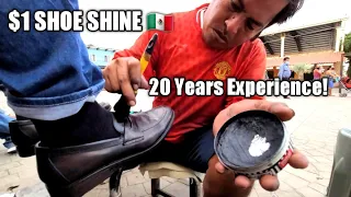 $1 STREET SHOE SHINE (20 YEARS EXPERIENCE!) by "Domingo" 🇲🇽 Pochutla, OAXACA, MEXICO (ASMR Relax)