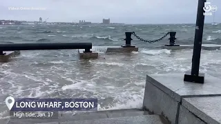 Boston's Long Wharf pounded by rough surf, high tide