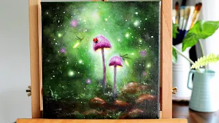 STEP by STEP Mushroom with Fireflies painting tutorial for Beginners✨🎨