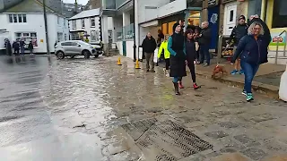 Very high tide going up to shop doorways in St Ives Cornwall uk. 29 Oct 2023, 16:34